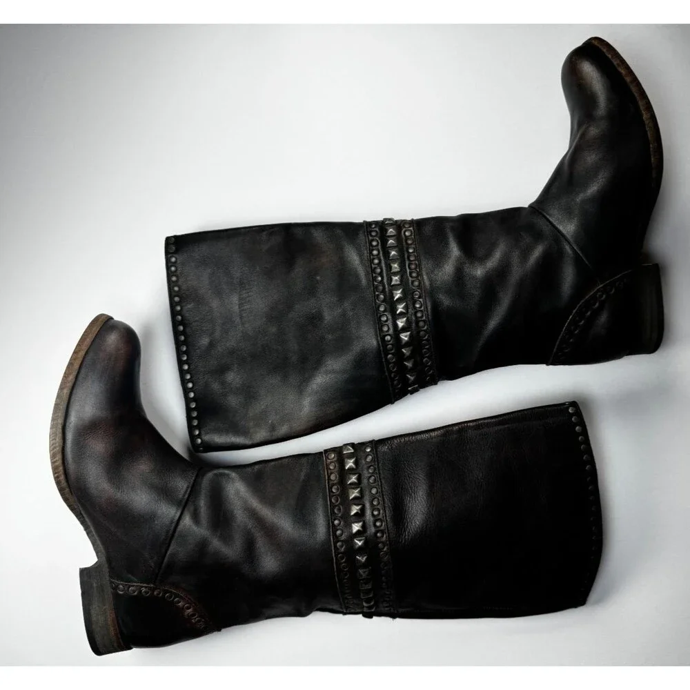 Free People Brown Leather Boots Womens EU 37  Tall Studded‎ Portugal Decorative - Picture 12 of 15